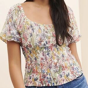 Anthropologie Smocked Floral Pink Orange Scoop Neck Puff Sleeve Blouse